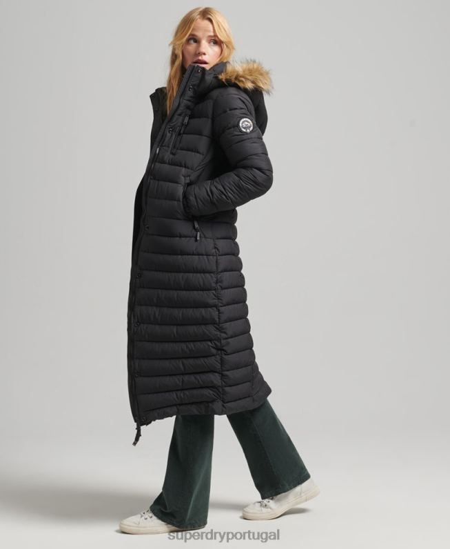 casaco puffer acolchoado leve com capuz de palangre de pele sintética mulheres preto roupas Superdry 2208H3716