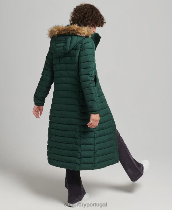 casaco puffer acolchoado leve com capuz de palangre de pele sintética mulheres verde roupas Superdry 2208H3702