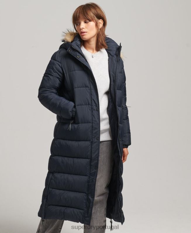casaco puffer com capuz de pele sintética mulheres marinha roupas Superdry 2208H3662