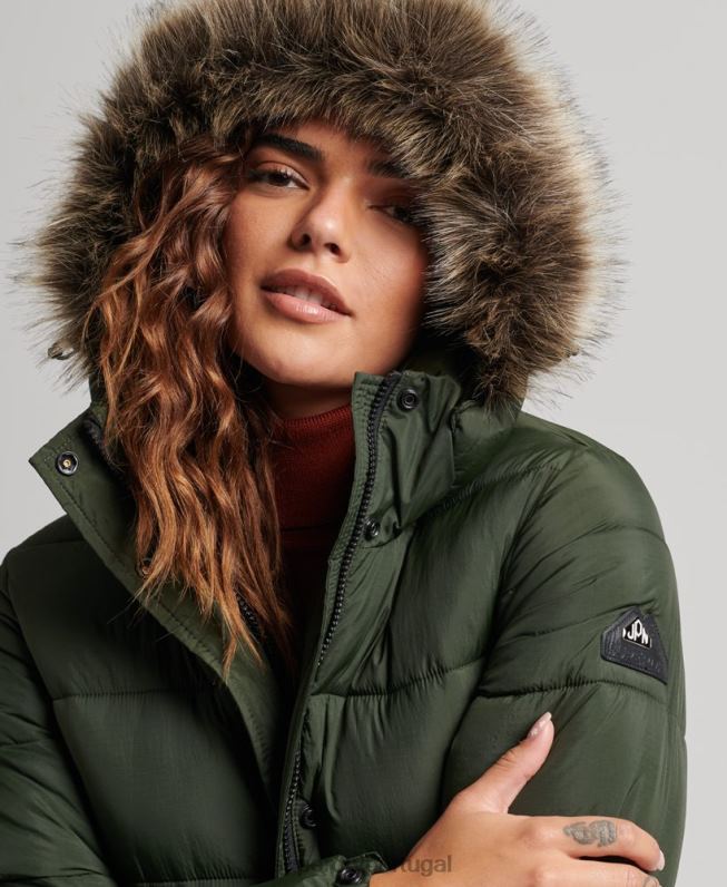 casaco puffer com capuz de pele sintética mulheres verde roupas Superdry 2208H3626