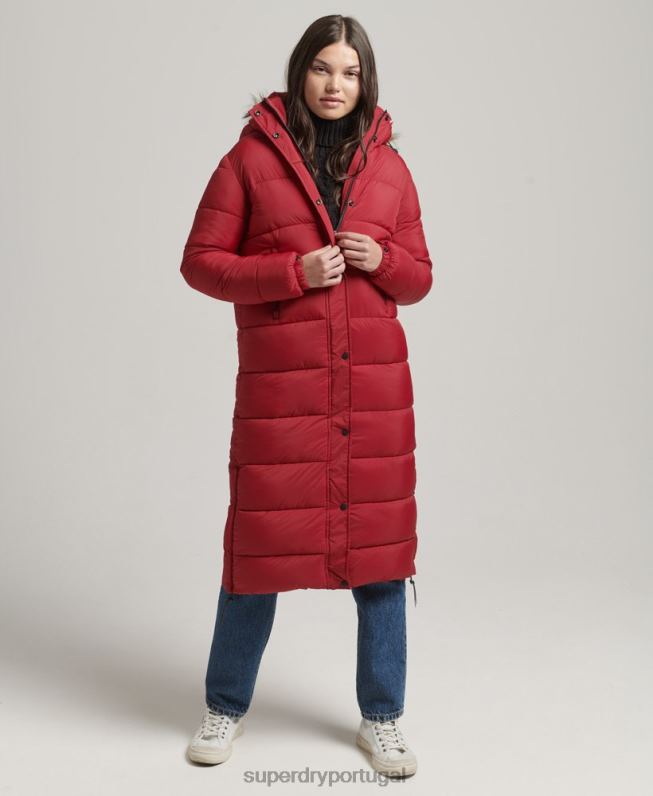 casaco puffer com capuz de pele sintética mulheres vermelho roupas Superdry 2208H3661