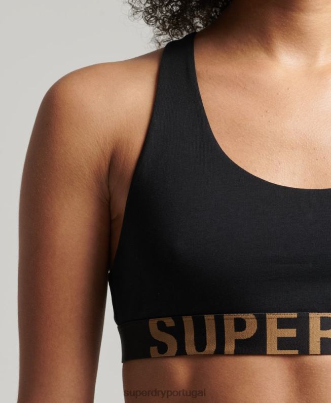 bralette de algodão orgânico com logotipo grande mulheres preto roupas Superdry 2208H6565