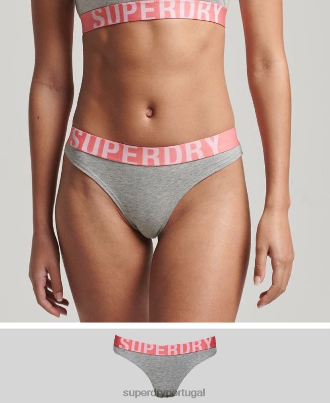 cueca de biquíni de algodão orgânico com logo grande mulheres cinza claro roupas Superdry 2208H6561