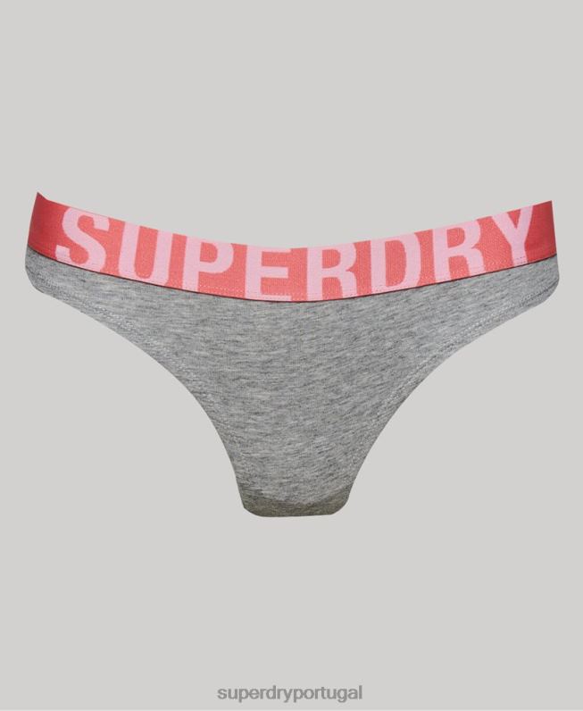cueca de biquíni de algodão orgânico com logo grande mulheres cinza claro roupas Superdry 2208H6561