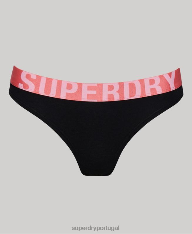 cueca de biquíni de algodão orgânico com logo grande mulheres preto roupas Superdry 2208H4220
