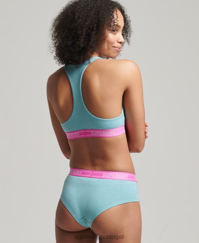 cueca hipster de algodão orgânico com vários logos mulheres azul roupas Superdry 2208H6551