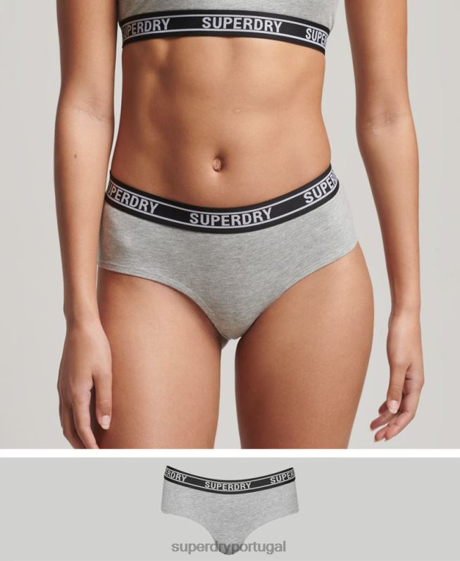 cueca hipster de algodão orgânico com vários logos mulheres cinza claro roupas Superdry 2208H6558