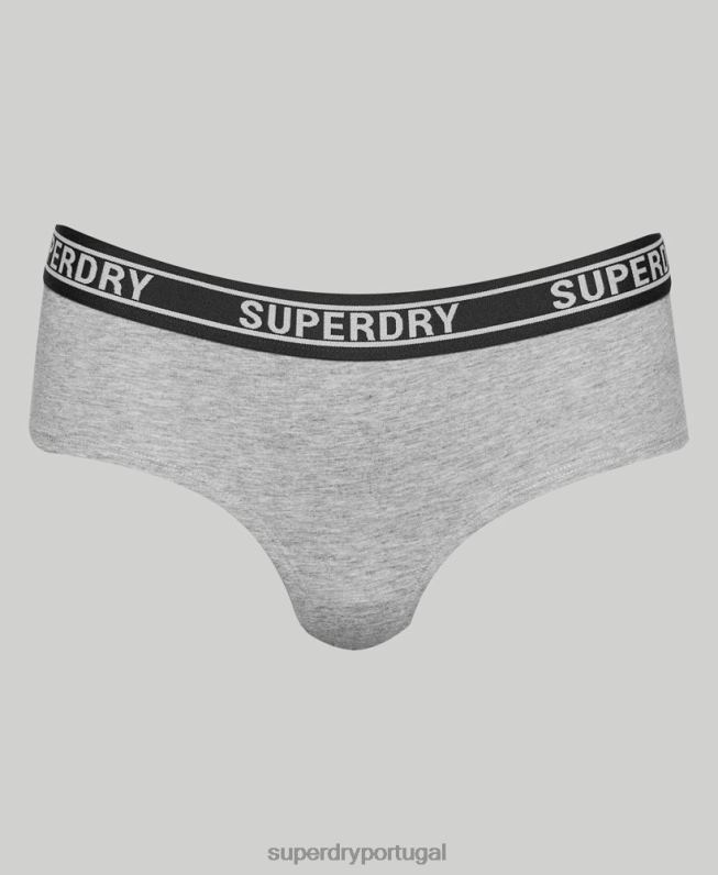 cueca hipster de algodão orgânico com vários logos mulheres cinza claro roupas Superdry 2208H6558