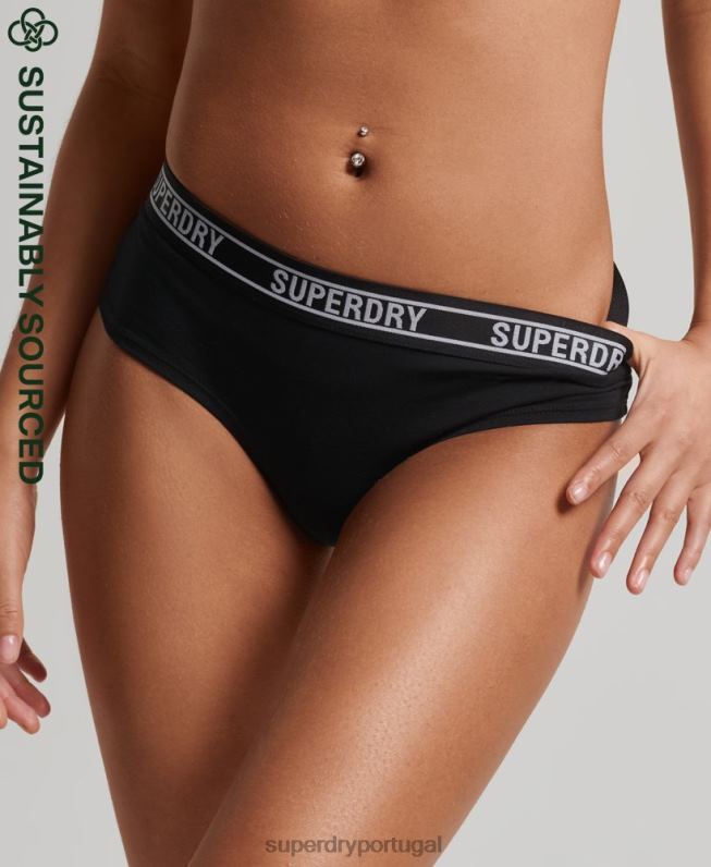cueca hipster de algodão orgânico com vários logos mulheres preto roupas Superdry 2208H6648