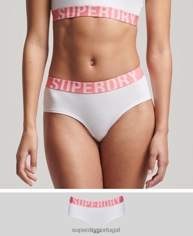 cueca hipster de logo grande de algodão orgânico mulheres branco roupas Superdry 2208H6567
