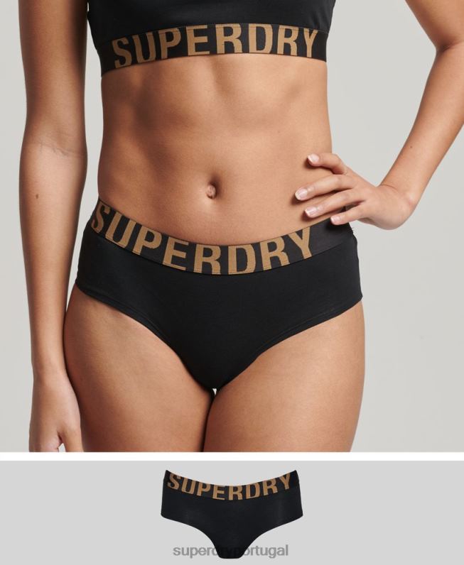 cueca hipster de logo grande de algodão orgânico mulheres preto roupas Superdry 2208H6554