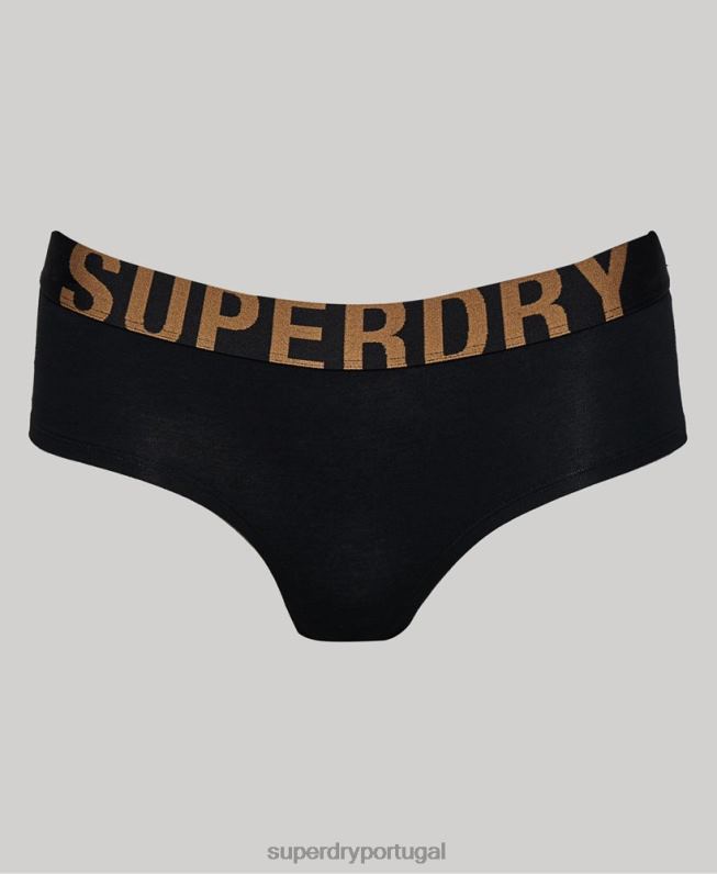 cueca hipster de logo grande de algodão orgânico mulheres preto roupas Superdry 2208H6554