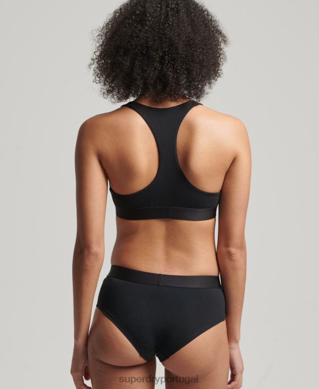 cueca hipster de logo grande de algodão orgânico mulheres preto roupas Superdry 2208H6554
