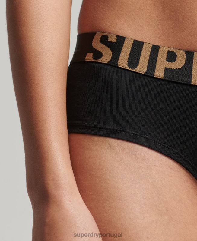 cueca hipster de logo grande de algodão orgânico mulheres preto roupas Superdry 2208H6554
