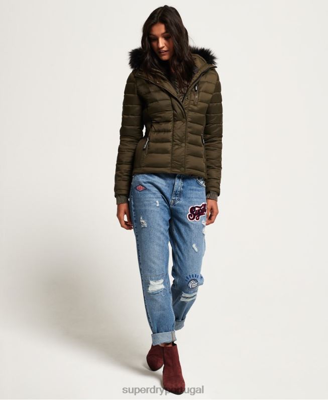 Jaqueta com capuz e zíper duplo slim fuji mulheres caqui roupas Superdry 2208H3845