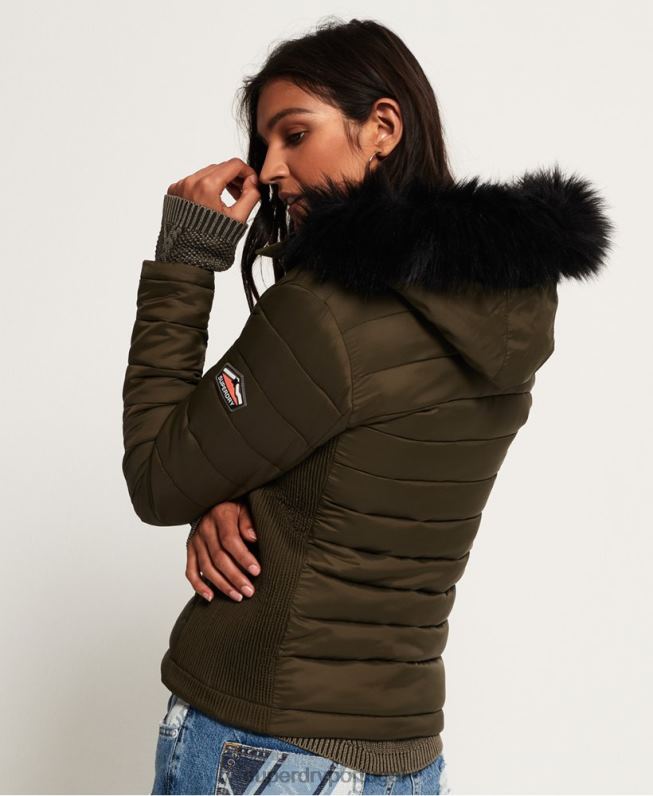 Jaqueta com capuz e zíper duplo slim fuji mulheres caqui roupas Superdry 2208H3845