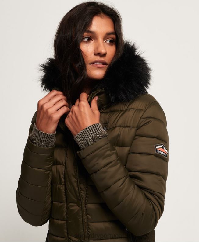Jaqueta com capuz e zíper duplo slim fuji mulheres caqui roupas Superdry 2208H3845