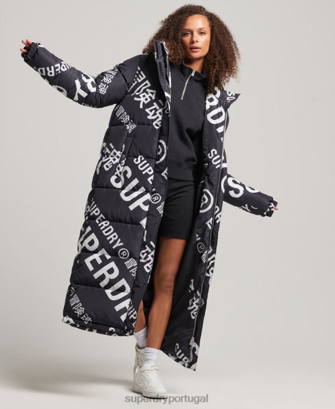 Jaqueta puffer longline estampada em toda a peça mulheres preto roupas Superdry 2208H5653