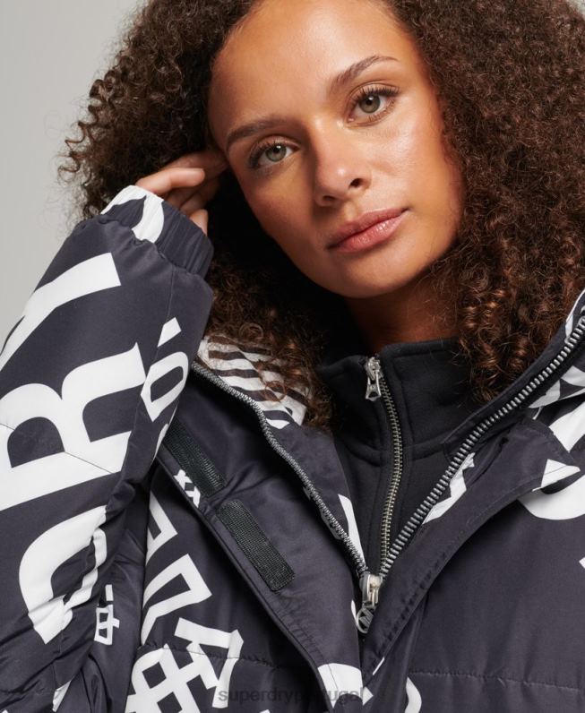 Jaqueta puffer longline estampada em toda a peça mulheres preto roupas Superdry 2208H5653