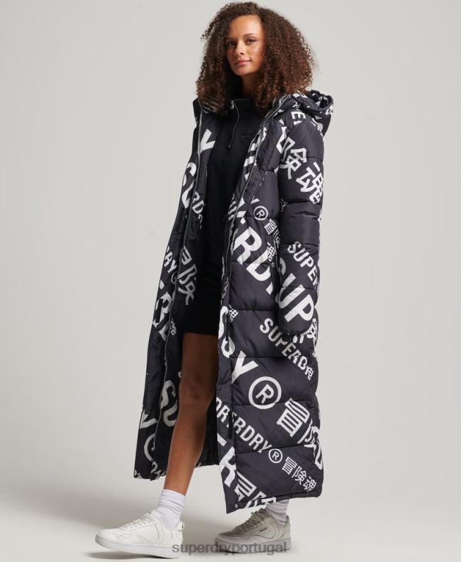 Jaqueta puffer longline estampada em toda a peça mulheres preto roupas Superdry 2208H5653