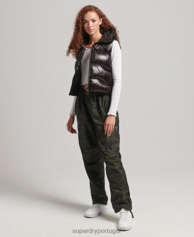 colcha de brilho colete acolchoado cropped mulheres preto roupas Superdry 2208H5476