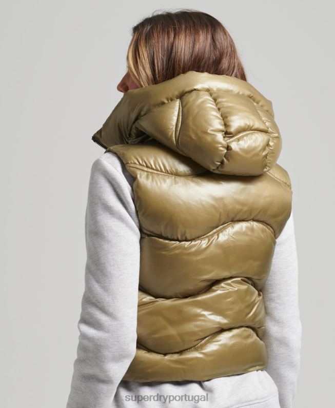 colcha de brilho colete acolchoado cropped mulheres verde roupas Superdry 2208H5461