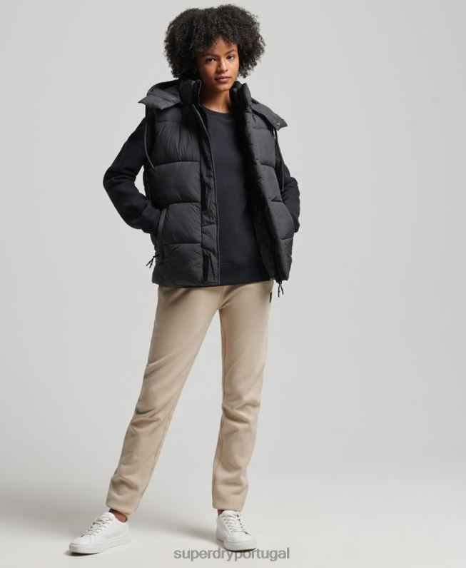 colete acolchoado curto linha lateral mulheres preto roupas Superdry 2208H3581