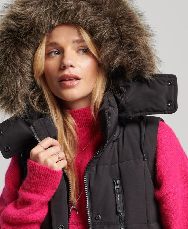 colete baiacu de palangre de pele sintética com capuz mulheres preto roupas Superdry 2208H3596