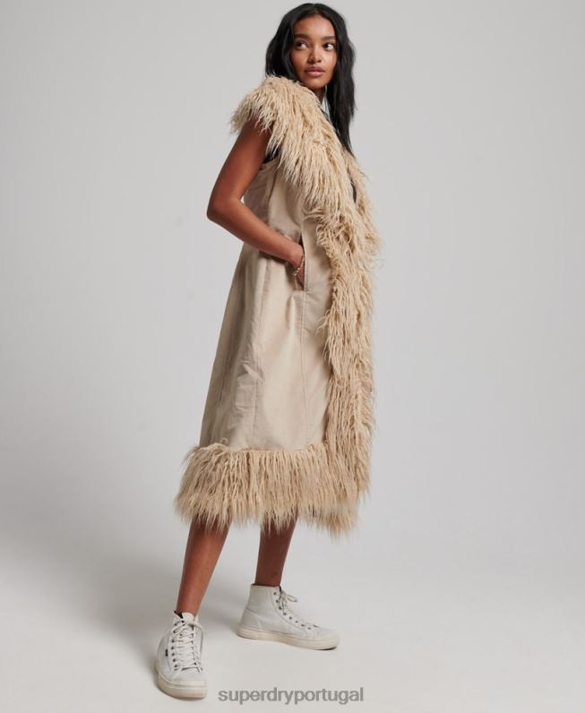 colete longo afegão de pele sintética mulheres marrom roupas Superdry 2208H3560