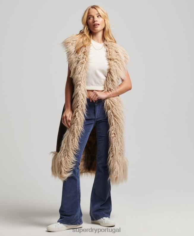 colete longo afegão de pele sintética mulheres marrom roupas Superdry 2208H3561