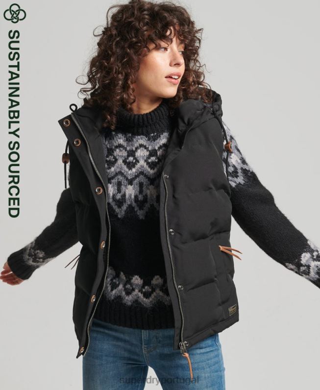 colete puffer com capuz everest mulheres preto roupas Superdry 2208H3783
