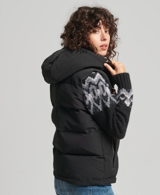 colete puffer com capuz everest mulheres preto roupas Superdry 2208H3783