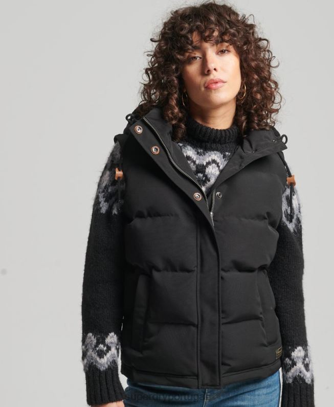 colete puffer com capuz everest mulheres preto roupas Superdry 2208H3783