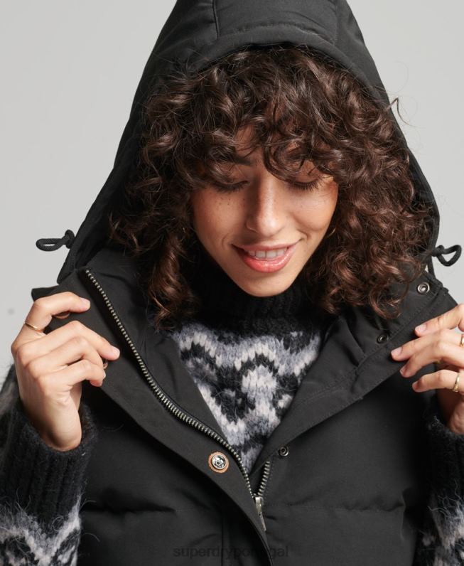 colete puffer com capuz everest mulheres preto roupas Superdry 2208H3783