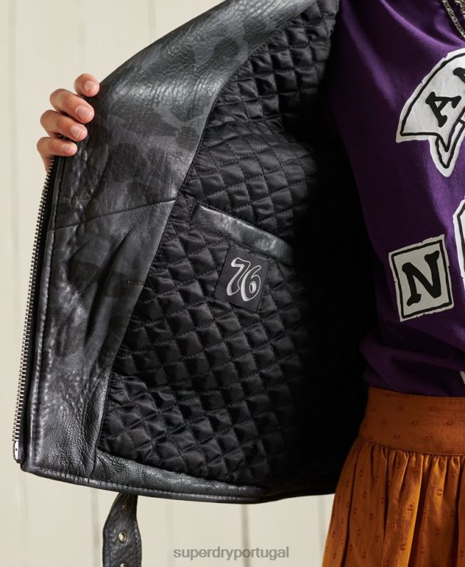 jaqueta biker de couro cropped rocker mulheres preto roupas Superdry 2208H5697