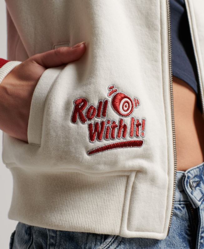 jaqueta bomber colegial script mulheres branco roupas Superdry 2208H3610