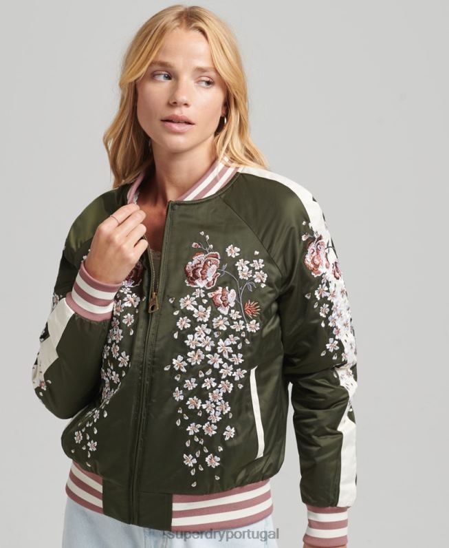 jaqueta bomber com bordado sukajan mulheres verde roupas Superdry 2208H5660