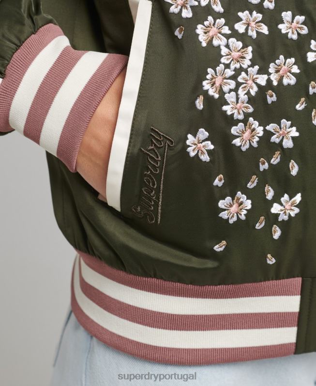 jaqueta bomber com bordado sukajan mulheres verde roupas Superdry 2208H5660