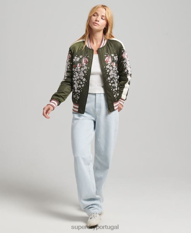 jaqueta bomber com bordado sukajan mulheres verde roupas Superdry 2208H5660