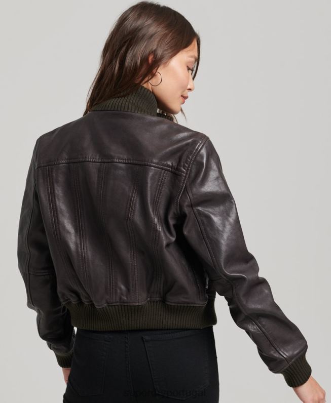 jaqueta bomber de couro com gola de malha mulheres marrom roupas Superdry 2208H3546