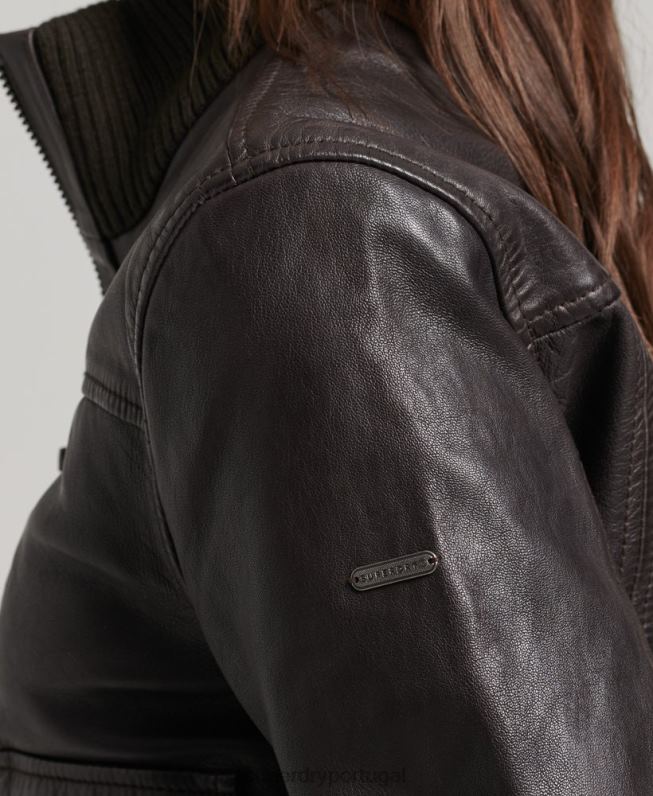jaqueta bomber de couro com gola de malha mulheres marrom roupas Superdry 2208H3546