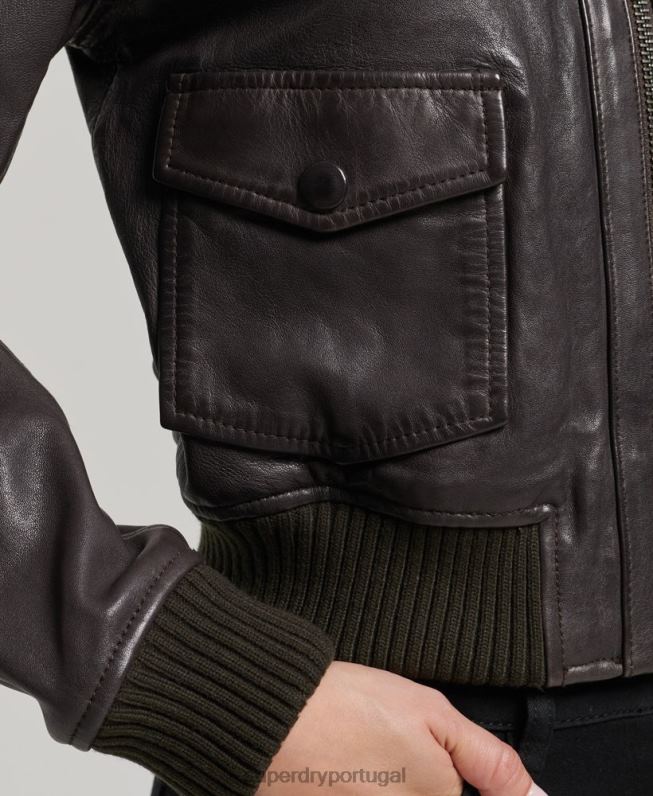 jaqueta bomber de couro com gola de malha mulheres marrom roupas Superdry 2208H3546