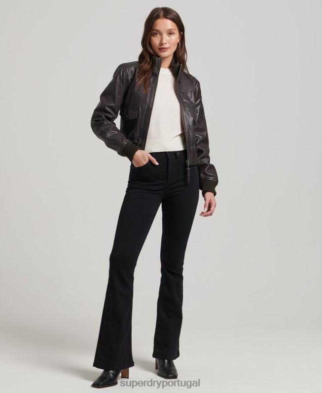 jaqueta bomber de couro com gola de malha mulheres marrom roupas Superdry 2208H3546
