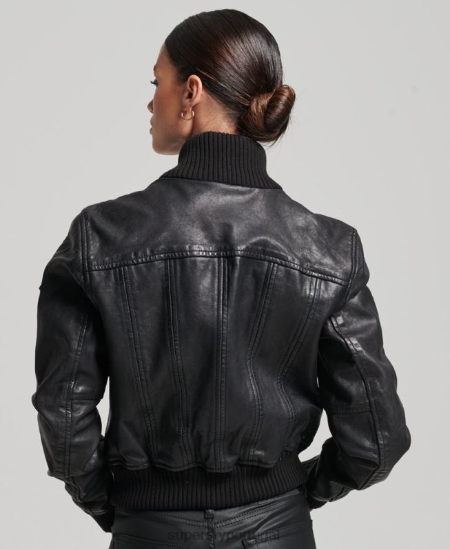 jaqueta bomber de couro com gola de malha mulheres preto roupas Superdry 2208H3718
