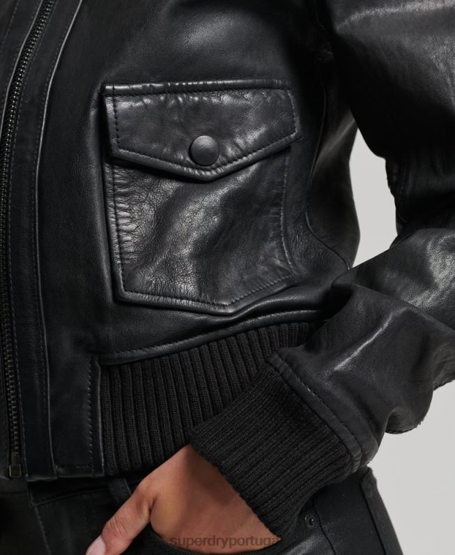 jaqueta bomber de couro com gola de malha mulheres preto roupas Superdry 2208H3718