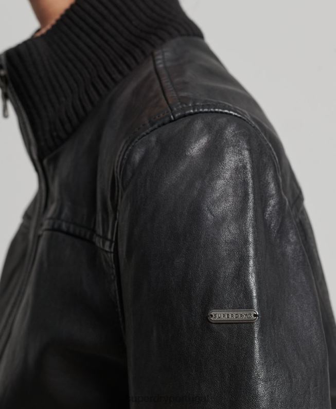 jaqueta bomber de couro com gola de malha mulheres preto roupas Superdry 2208H3718