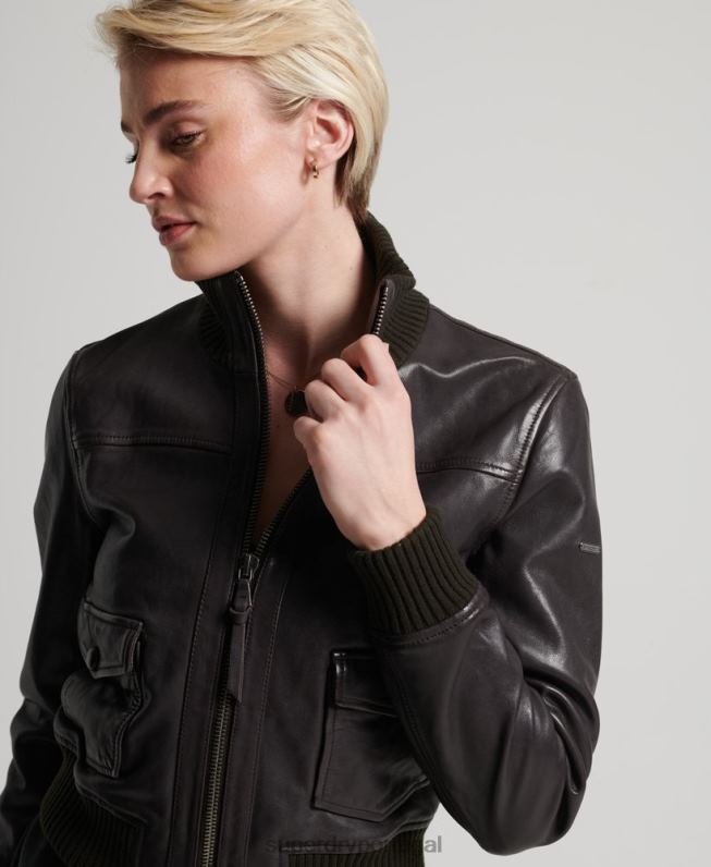 jaqueta bomber de couro gola tricotada mulheres marrom roupas Superdry 2208H3672