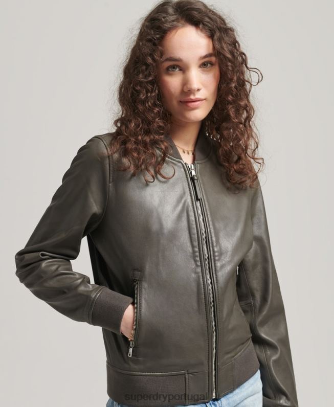 jaqueta bomber de couro mulheres cinza escuro roupas Superdry 2208H5620