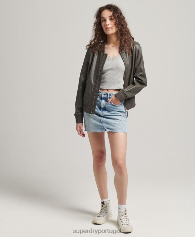 jaqueta bomber de couro mulheres cinza escuro roupas Superdry 2208H5620