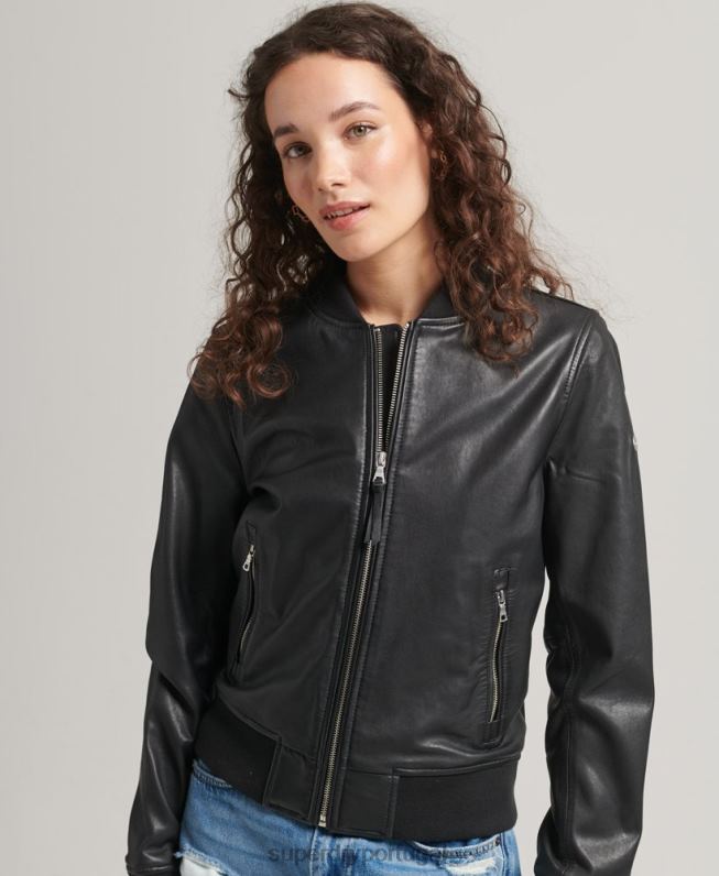 jaqueta bomber de couro mulheres preto roupas Superdry 2208H5723